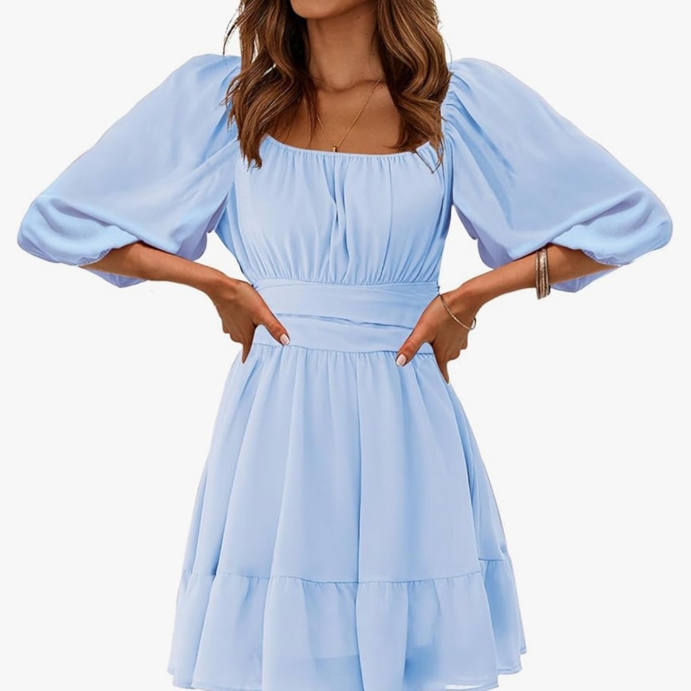 Elegant Blue Puff Sleeve Summer Dress